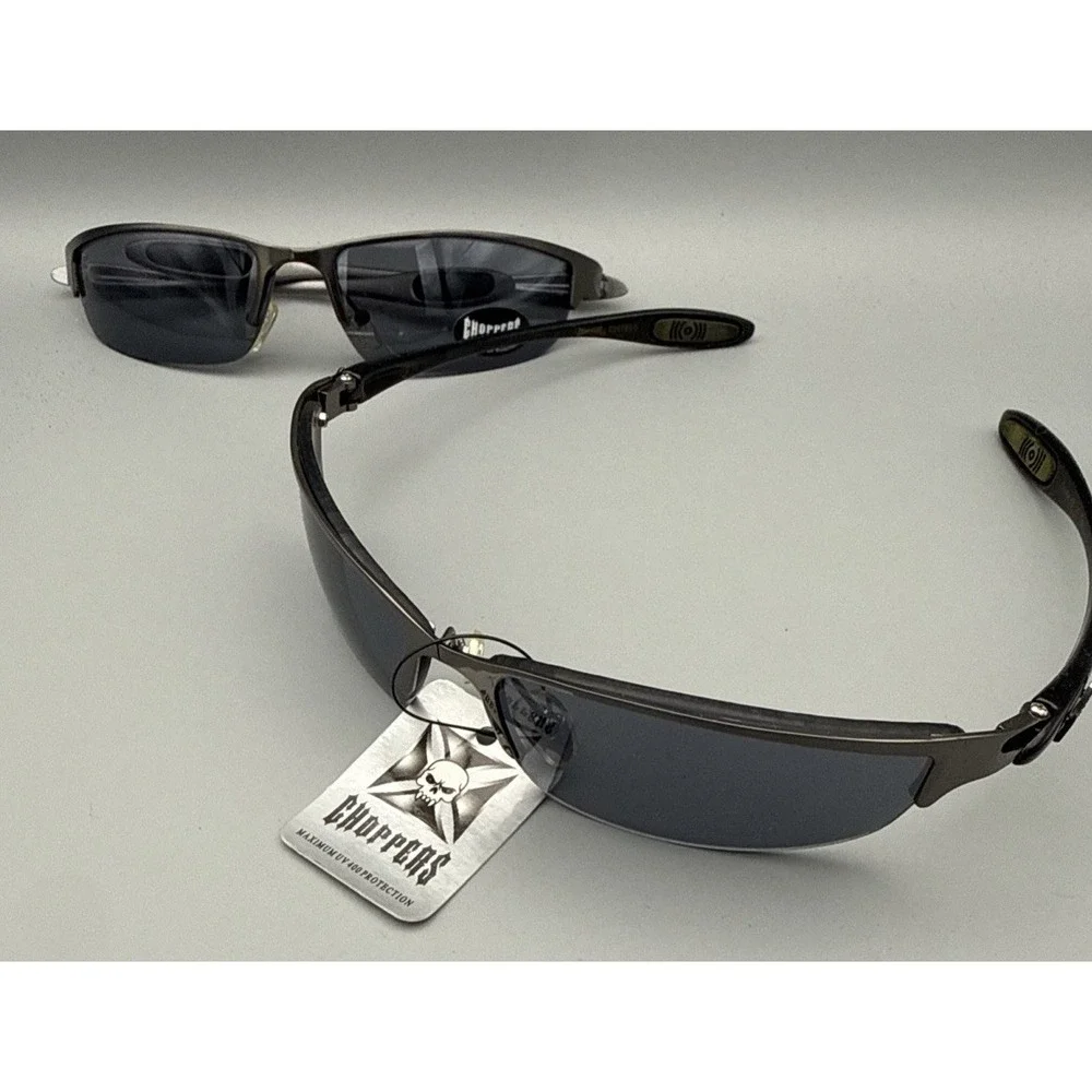 2 NWT Choppers Bikers Mens Sunglasses - Black Wrap Frame with Smoke Lens-Limited